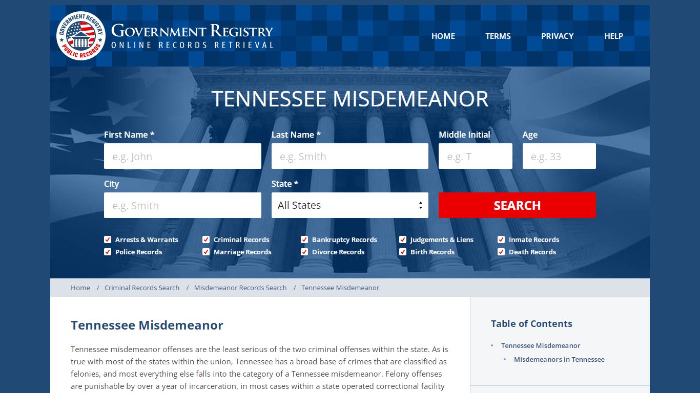 Tennessee Misdemeanor - GovernmentRegistry.Org